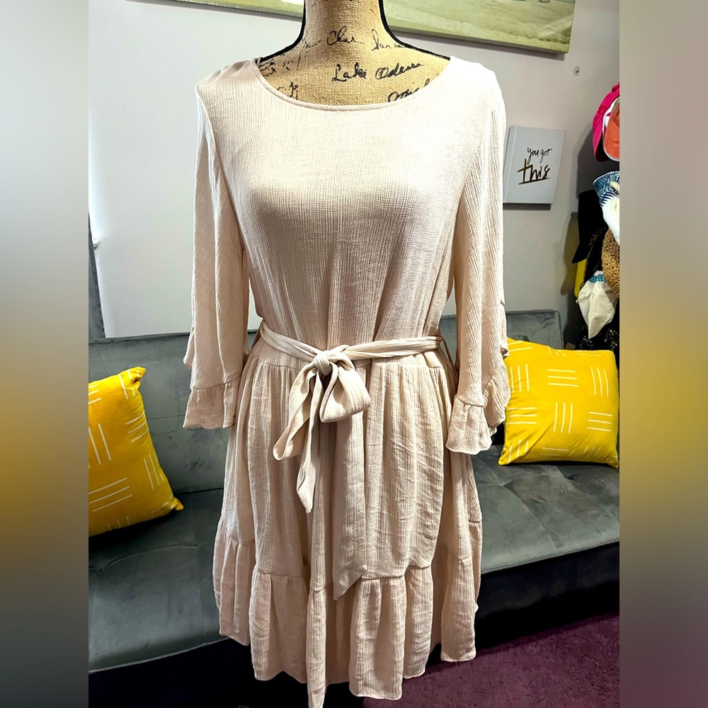 Blu Ivy solid Woven Mini Dress With Ruffled Bell Sleeves in Taupe Size Large